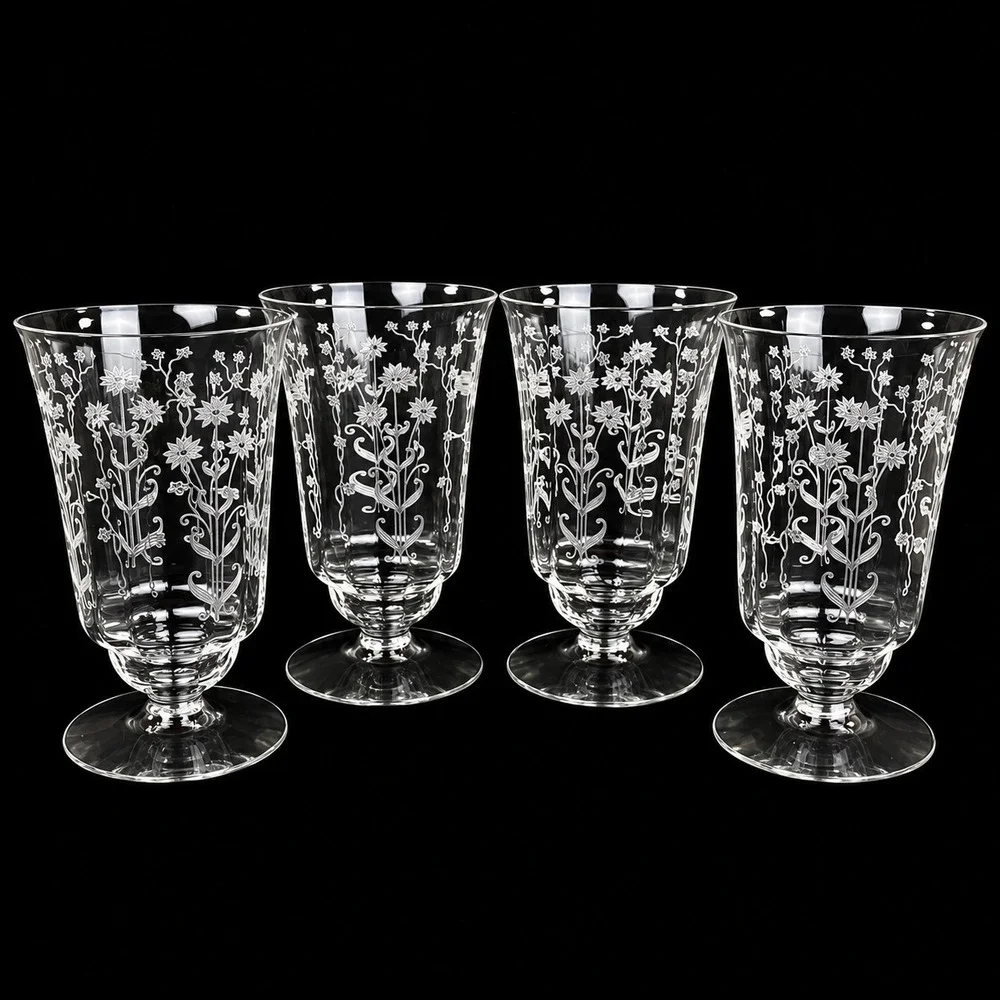 Fostoria Manor Crystal Iced Tea Glasses Set of 4 Etched Floral 1930s